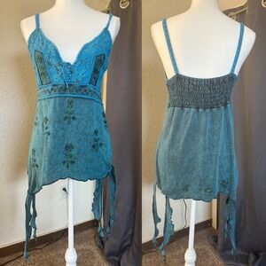 Funky Threads Teal Boho Lace Beaded Tunic Nepal Cotton Y2K L/XL